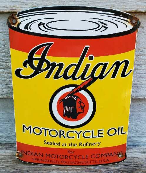 Antiguo Cartel Enlozado Lata Aceite Para Motocicletas Indian